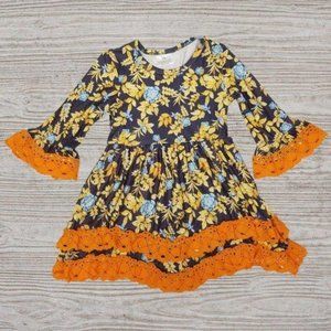 Gray Blue Floral Orange Bell Sleeve Ruffle Dress